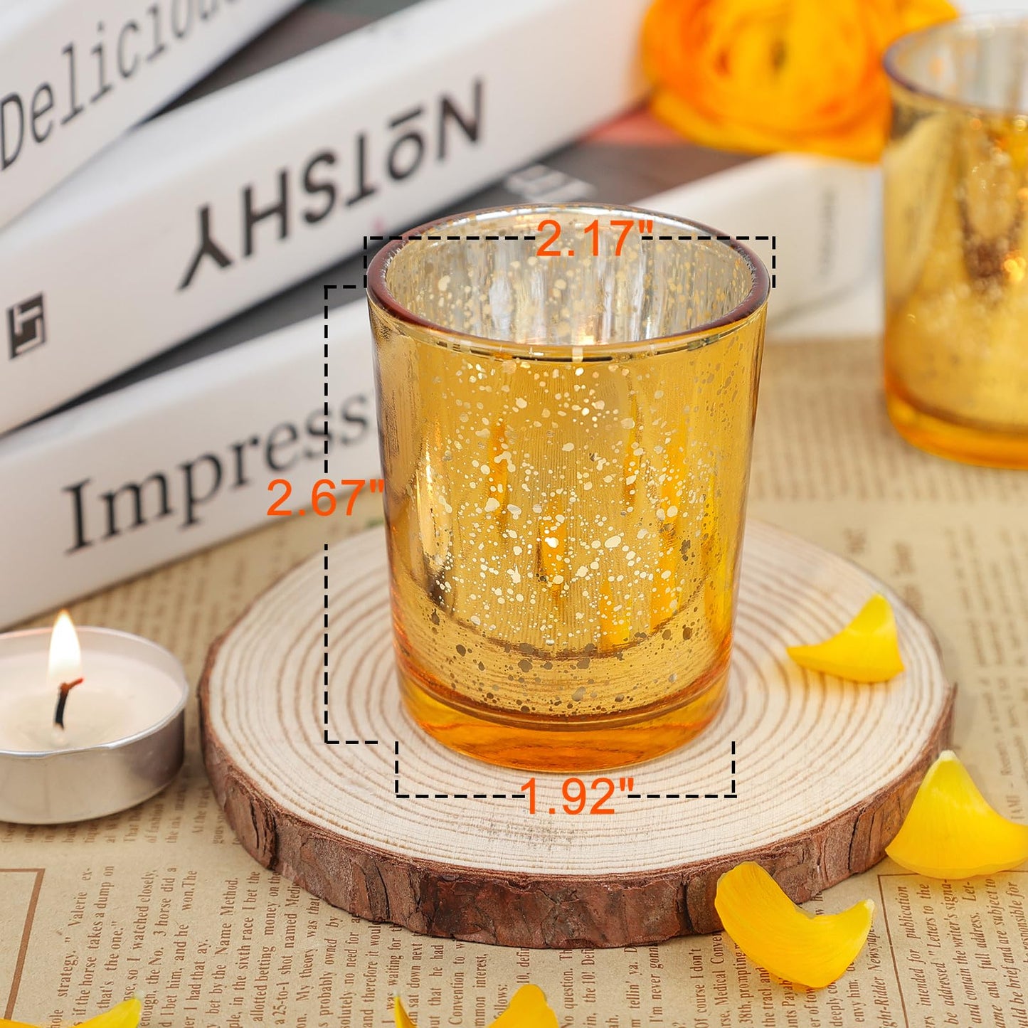TBWIND 24 Pcs Gold Votive Candle Holders, Speckled Mercury Gold Glass Candle Holder Bulk for Wedding Centerpiece Table Decor, Tea Lights Candle Holder for Valentines Day Decor, Home Decor