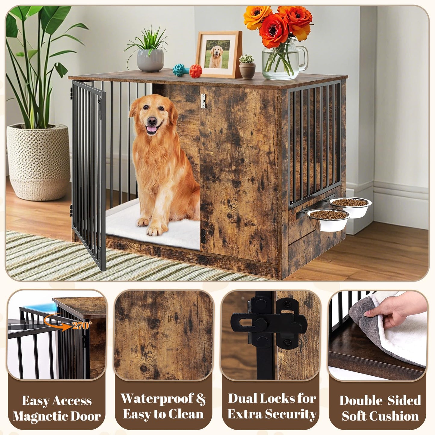 TBWIND Dog Crate Furniture with Cushion for Large Dogs, 36" Indoor Wooden Dog Kennel with 270° Swivel Door, 360° Rotating Feeder, Decorative Heavy Duty Dog House with Double Locks & Bowls, Rustic Brown