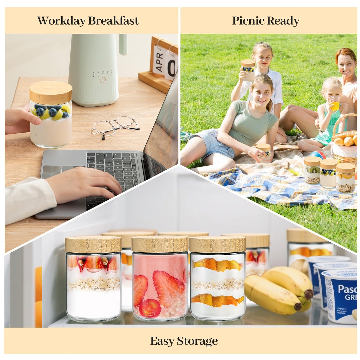 TBWIND 16oz Glass Jars with Bamboo Lids, Spoons, Airtight Overnight Oats Containers, Salad& Yogurt Storage, Mason Jars for Snacks, Spices, Meal Prep – Reusable, 4-Pack
