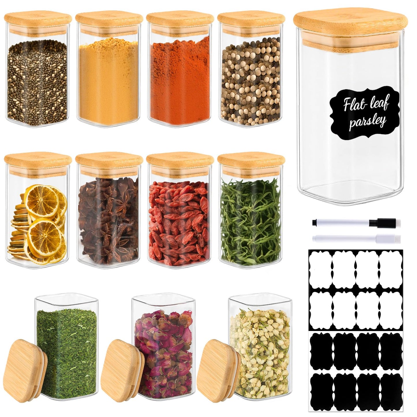TBWIND 12 Pack 8 oz Square Glass Spice Jars with Lids and Labels – Airtight Small Spice Containers Set, Clear Glass Storage Jars for Seasoning, Spices, Kitchen Pantry Organization
