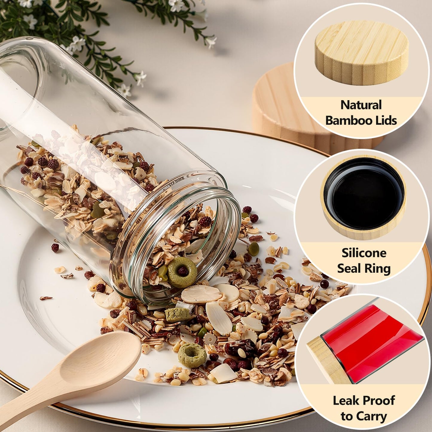 TBWIND 24oz Glass Jars with Bamboo Lids, Spoons, Airtight Overnight Oats Containers, Wide Mouth Mason Jars for Snack Storage For Food, Yogurt, Salad, Sugar and Flour, Coffee Bean, Cookie, Cereal