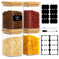 TBWIND 37oz(1.2Qt) Square Glass Storage Containers with Bamboo Lids – 4 Pack Clear Food Airtight Glass Jars for Pantry Organizers and Storage, Kitchen Dry Food, Coffee, Sugar, Flour, Snacks, Spices