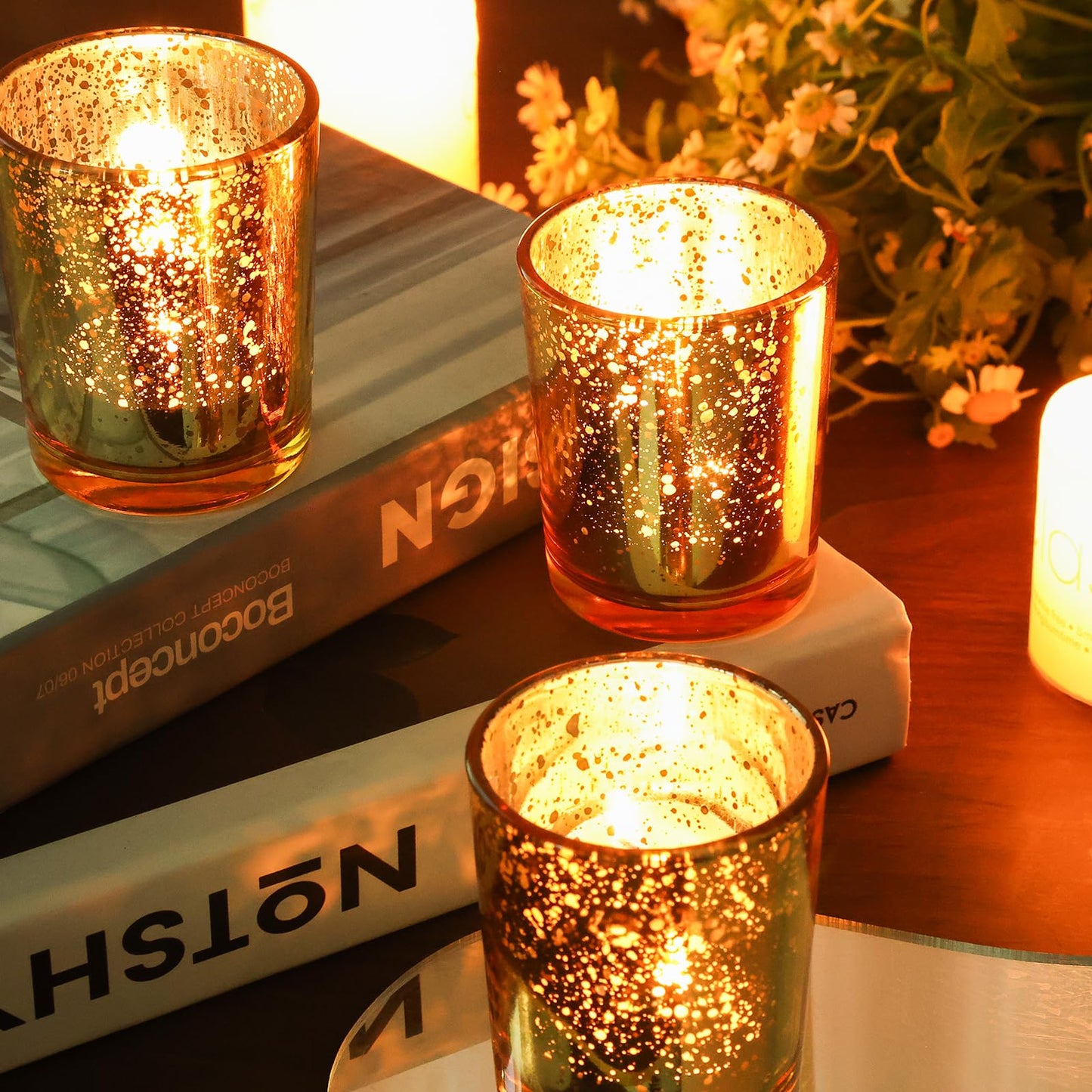 TBWIND 24 Pcs Gold Votive Candle Holders, Speckled Mercury Gold Glass Candle Holder Bulk for Wedding Centerpiece Table Decor, Tea Lights Candle Holder for Valentines Day Decor, Home Decor