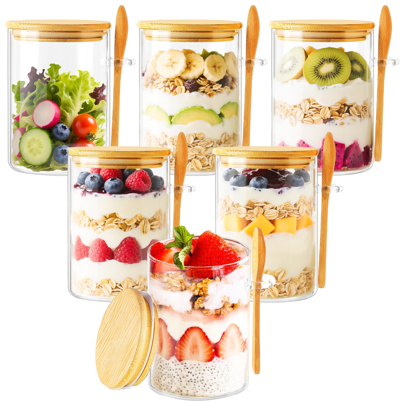 TBWIND 6 Pack Overnight Oats Containers with Lids and Spoons, 16oz Glass Jars with Bamboo Lids, Airtight Meal Prep Yogurt Containers for Breakfast, Parfait, Salad, Chia Pudding
