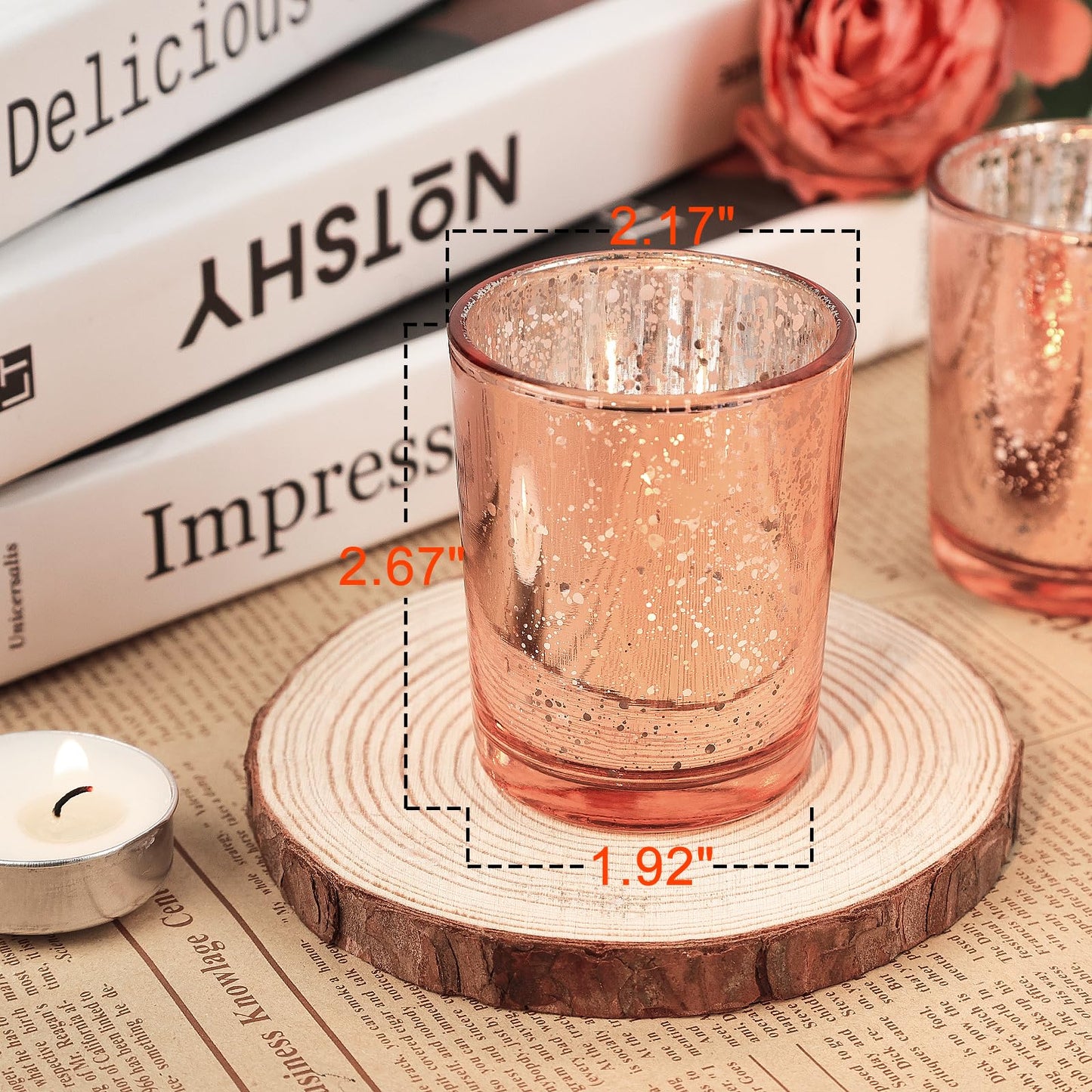 TBWIND 24 Pcs Rose Gold Votive Candle Holders, Speckled Mercury Rose Gold Glass Candle Holder Bulk for Wedding Centerpiece Table Decor, Tea Lights Candle Holder for Valentines Day Decor, Home Decor