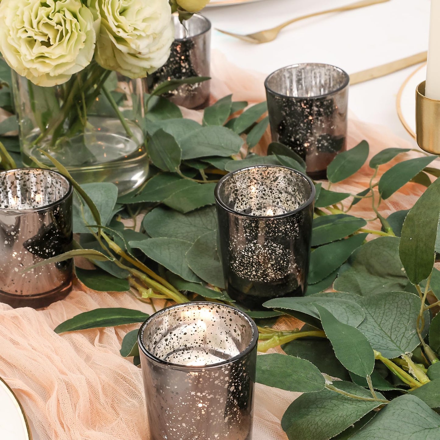 TBWIND 24 Pcs Black Votive Candle Holders, Speckled Mercury Black Glass Candle Holder Bulk for Wedding Centerpiece Table Decor, Tea Lights Candle Holder for Valentines Day Decor, Home Decor