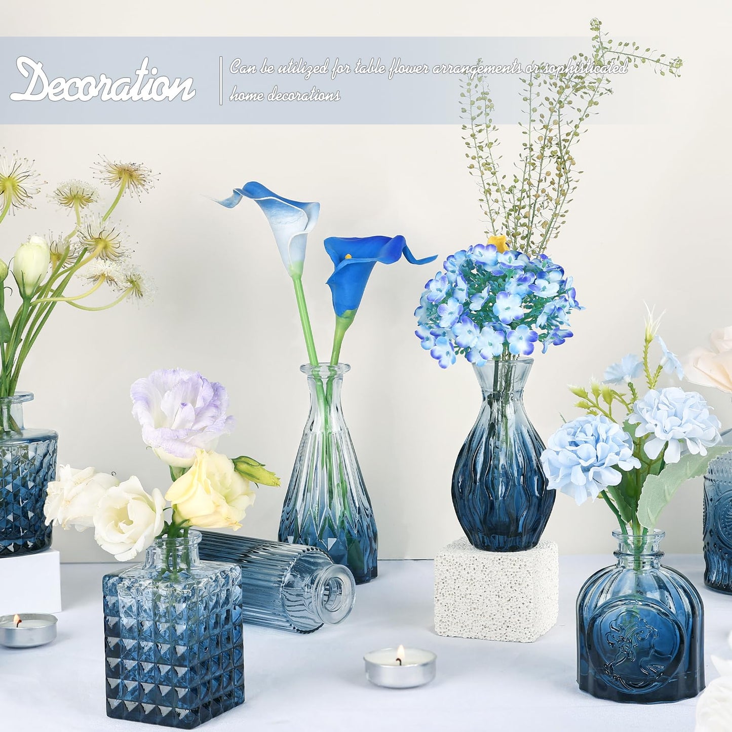 TBWIND 24Pcs Blue Glass Bud Vases Set, Small Vases for Flowers, Perfect for Centerpieces at Parties, Baby Showers, Weddings, Events, Graduation Season, Great Gifts for Office & Home Décor