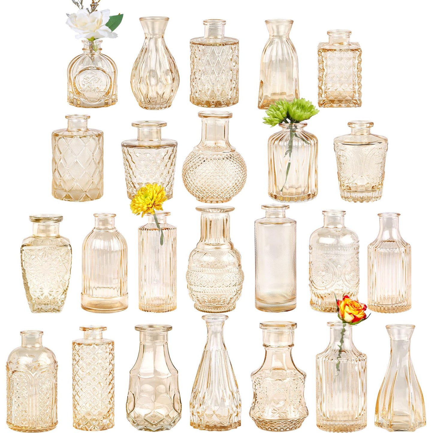 TBWIND Glass Bud Vase Set of 24, Small Amber Flower Vases for Centerpieces in Bulk, Mini Vintage Vase for Wedding Decor, and Home Table Décor