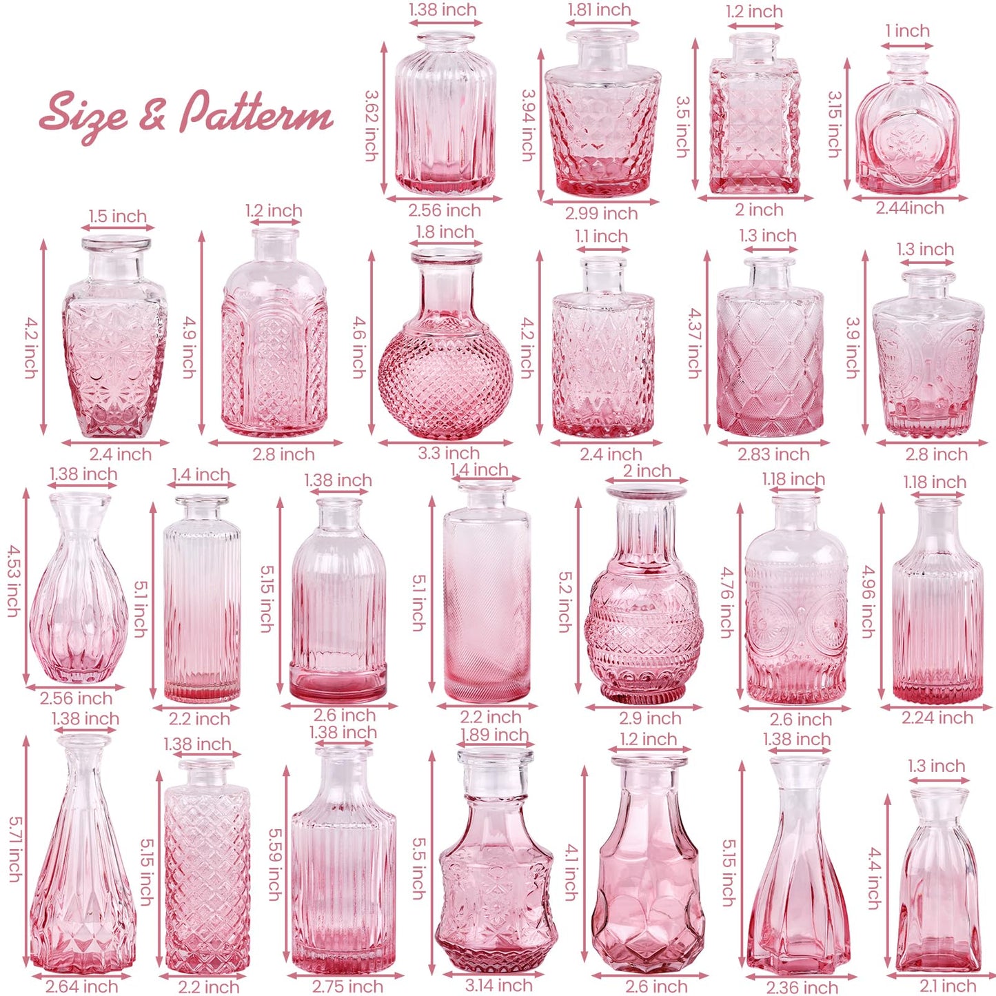 TBWIND Pink Glass Bud Vase Set of 24, Small Flower Vases for Centerpieces in Bulk, Mini Vintage Vase for Wedding Decor, and Home Table Décor