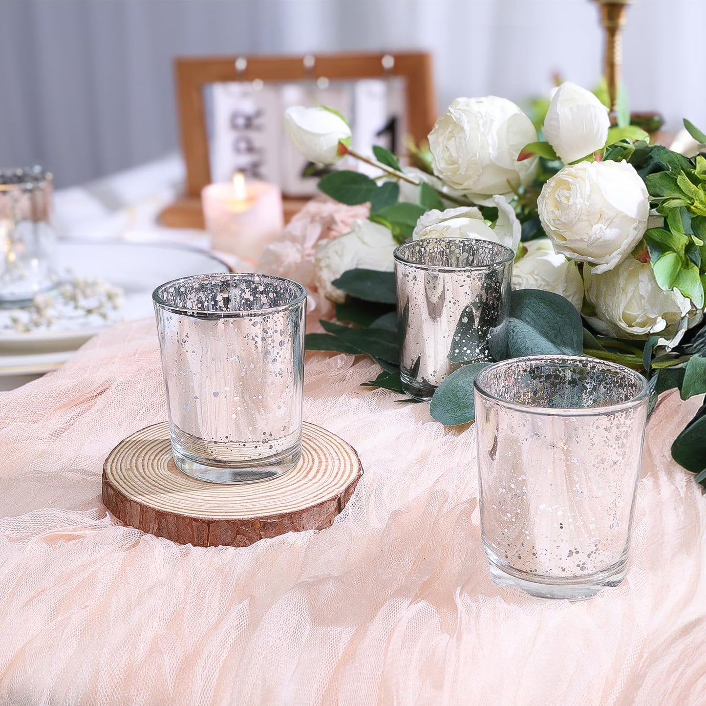 TBWIND 24 Pcs Silver Votive Candle Holders, Speckled Mercury Silver Glass Candle Holder Bulk for Wedding Centerpiece Table Decor, Tea Lights Candle Holder for Valentines Day Decor, Home Decor