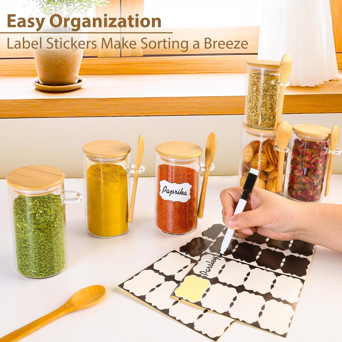 TBWIND 12 Pack 10 oz Round Glass Spice Jars with Lids and Spoons – Airtight Small Spice Containers Set with Labels, Clear Glass Storage Jars for Seasoning, Spices, Kitchen Pantry Organization