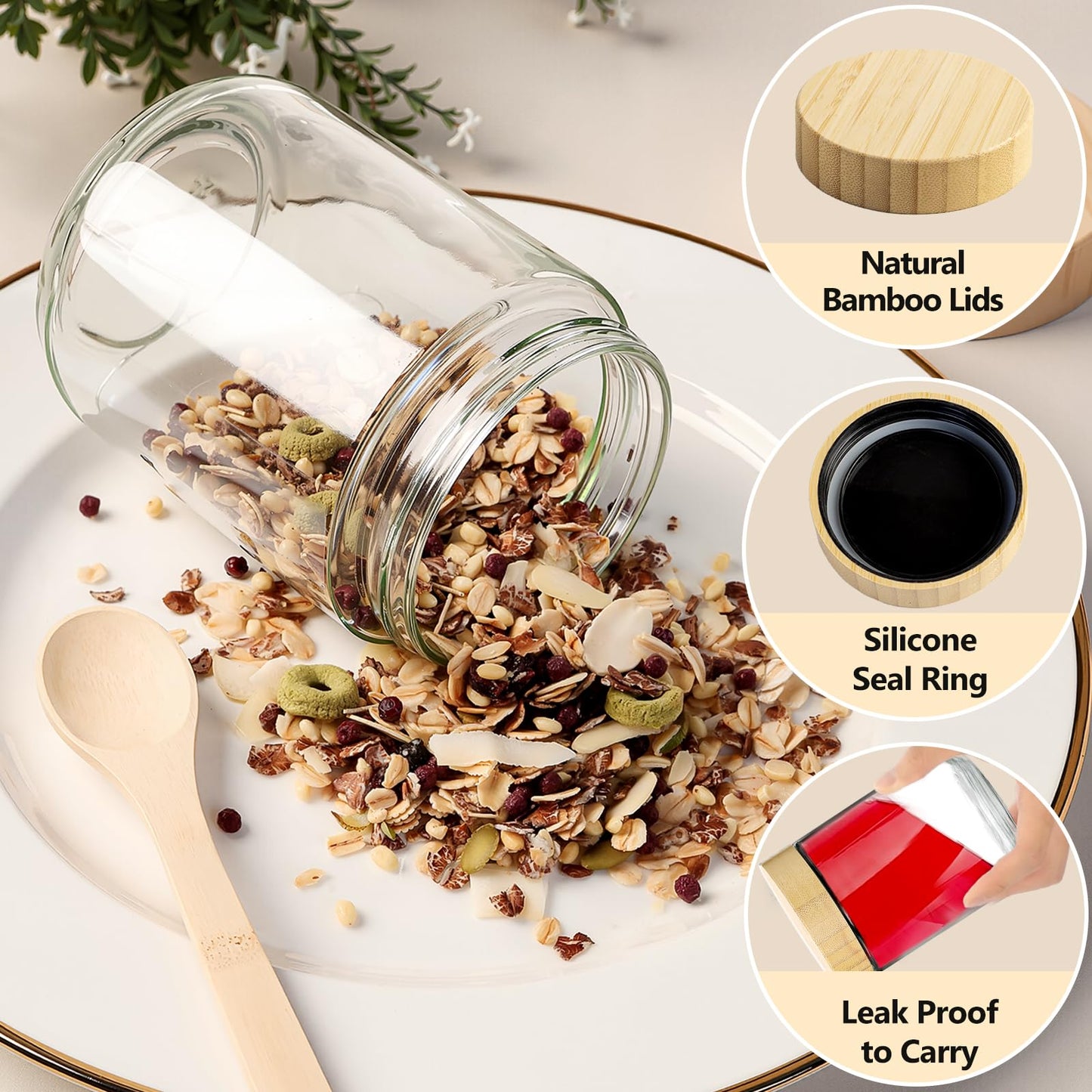 TBWIND 12 Pack 16oz Glass Jars with Bamboo Lids, Spoons, Airtight Overnight Oats Containers, Salad& Yogurt Storage, Mason Jars for Snacks, Spices, Meal Prep – Reusable