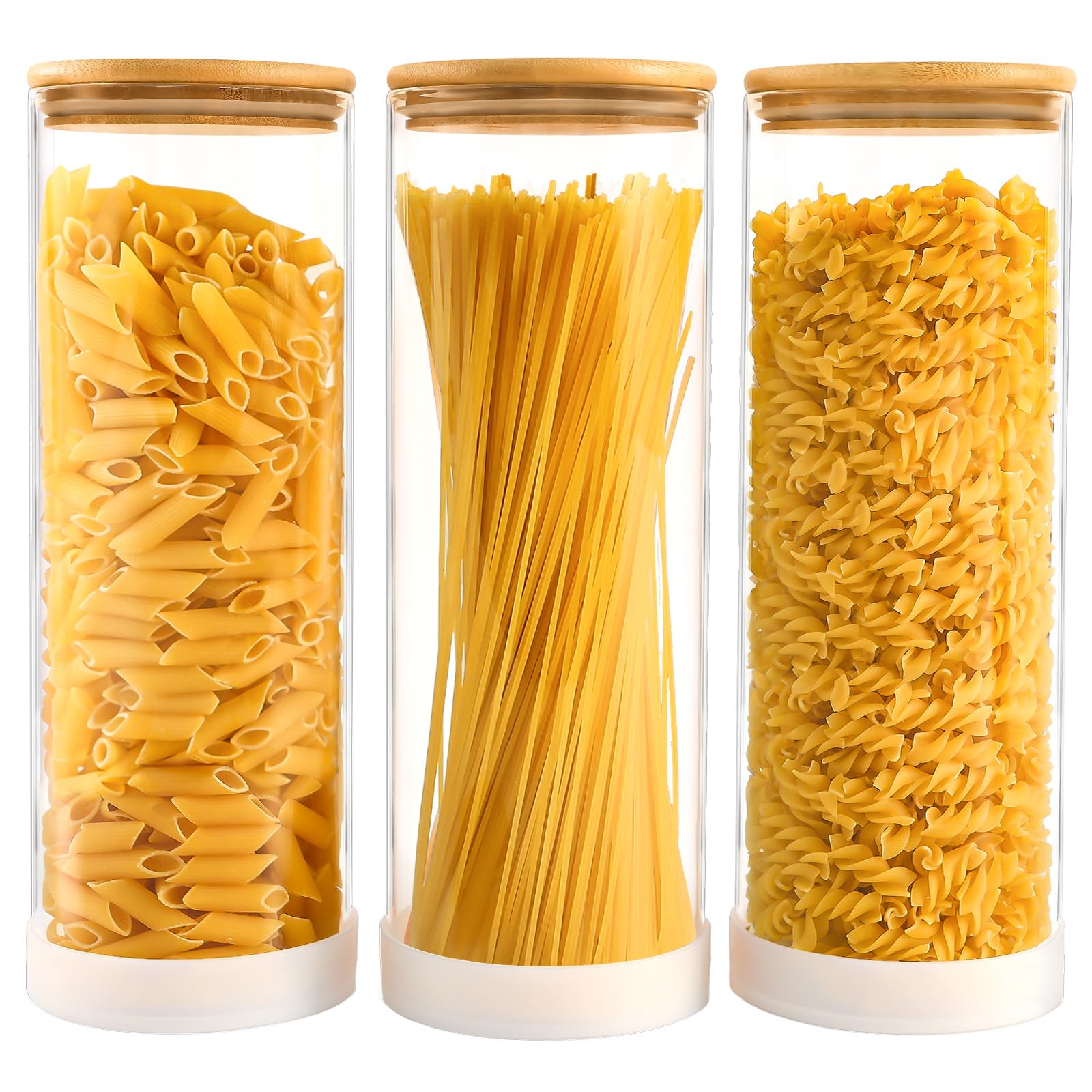 TBWIND 73oz Round Glass Pasta Storage Containers with Non-Slip Silicone Pads – 3 Pack Large Airtight Clear Food Jars for Pantry Organization, Kitchen Dry Food, Flour, Pasta, Spaghetti