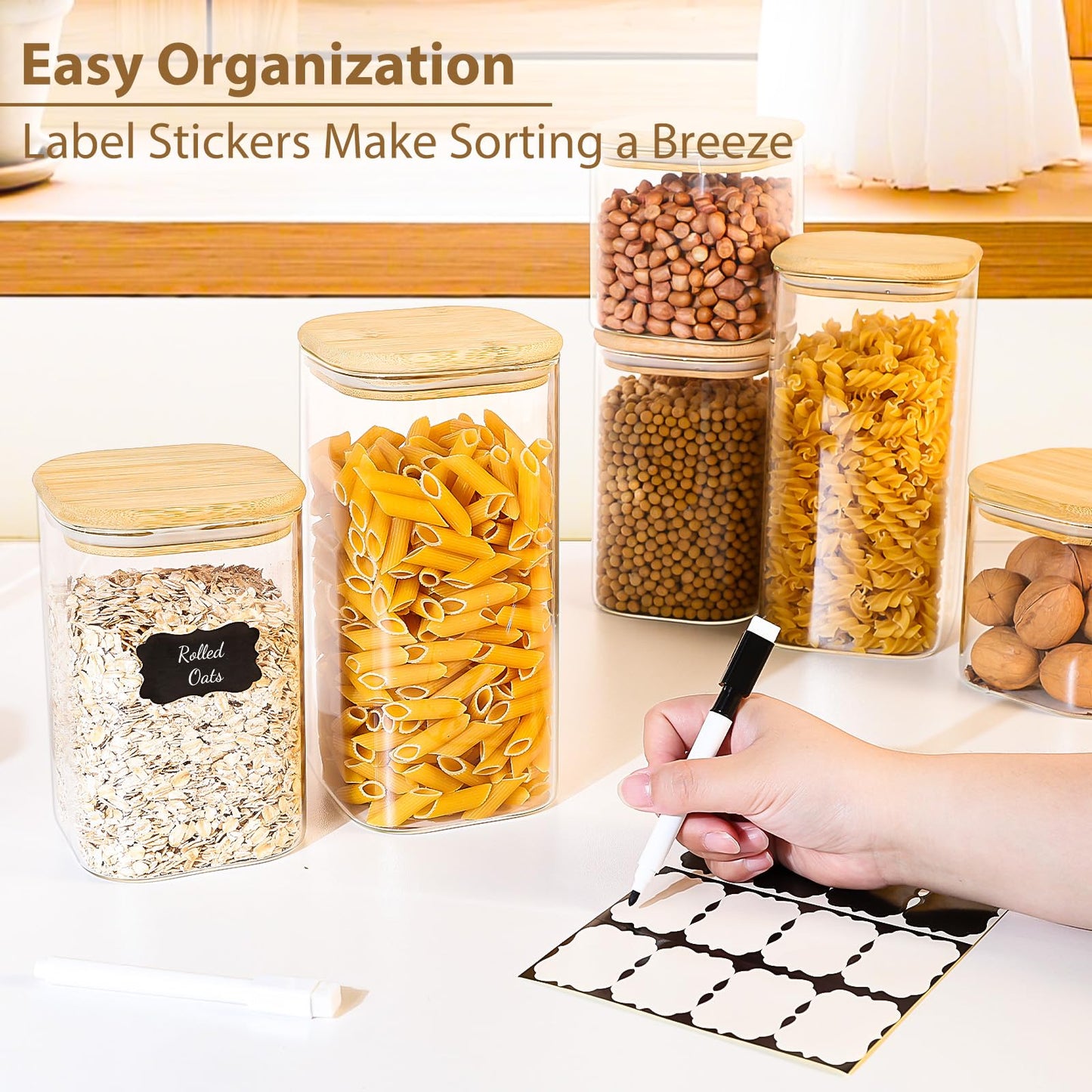 TBWIND 6 Pack Square Glass Storage Containers with Bamboo Lids (24oz/37oz/51oz) – Clear Food Airtight Canisters Sets for The Kitchen, Glass Jars for Coffee Beans, Coffee, Flour, Snacks, Spices