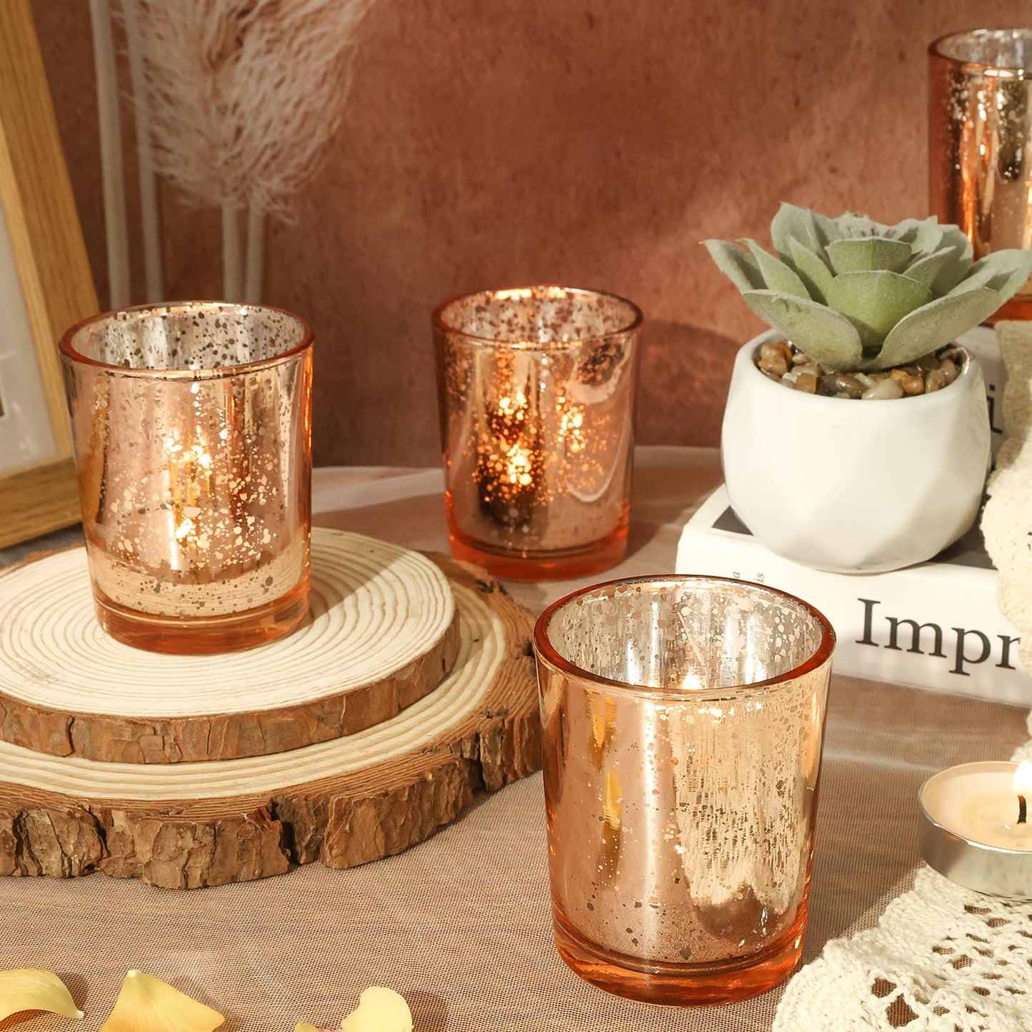 TBWIND 24 Pcs Rose Gold Votive Candle Holders, Speckled Mercury Rose Gold Glass Candle Holder Bulk for Wedding Centerpiece Table Decor, Tea Lights Candle Holder for Valentines Day Decor, Home Decor