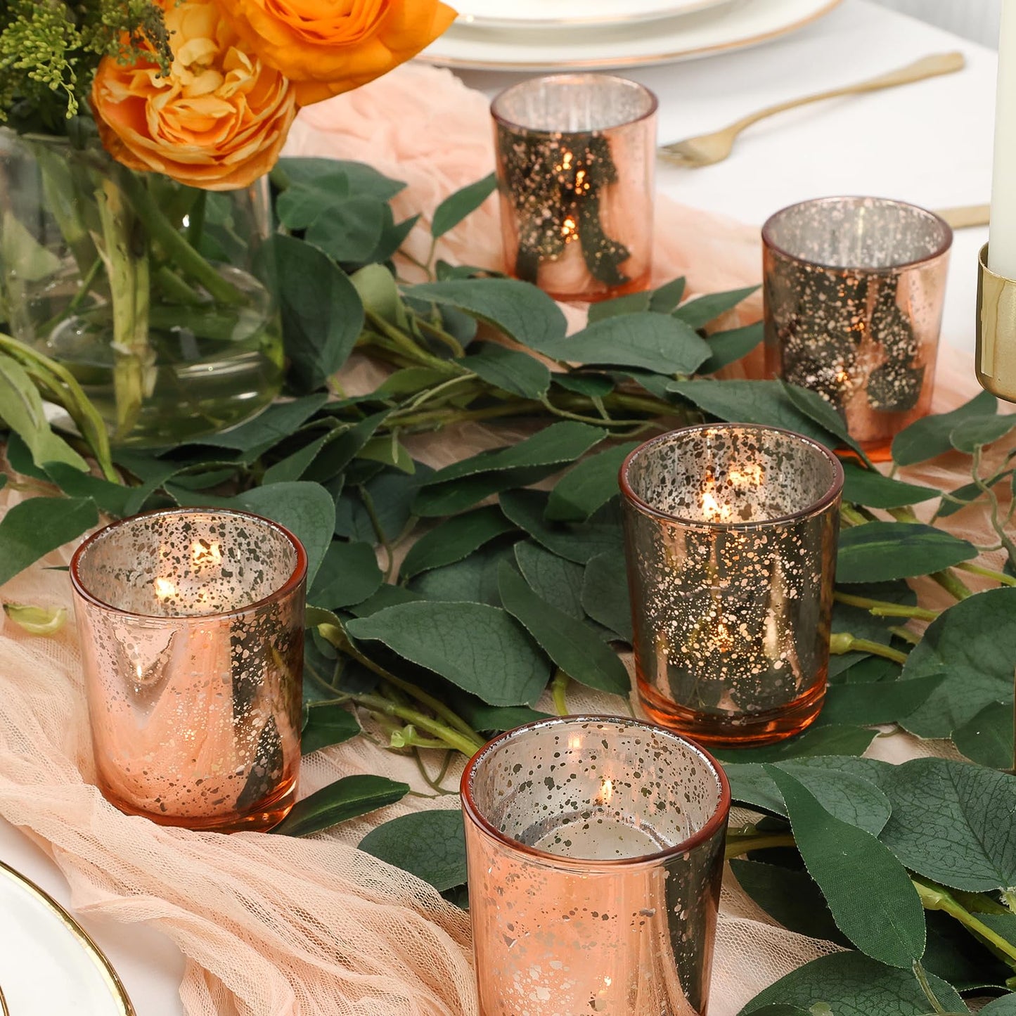 TBWIND 24 Pcs Rose Gold Votive Candle Holders, Speckled Mercury Rose Gold Glass Candle Holder Bulk for Wedding Centerpiece Table Decor, Tea Lights Candle Holder for Valentines Day Decor, Home Decor