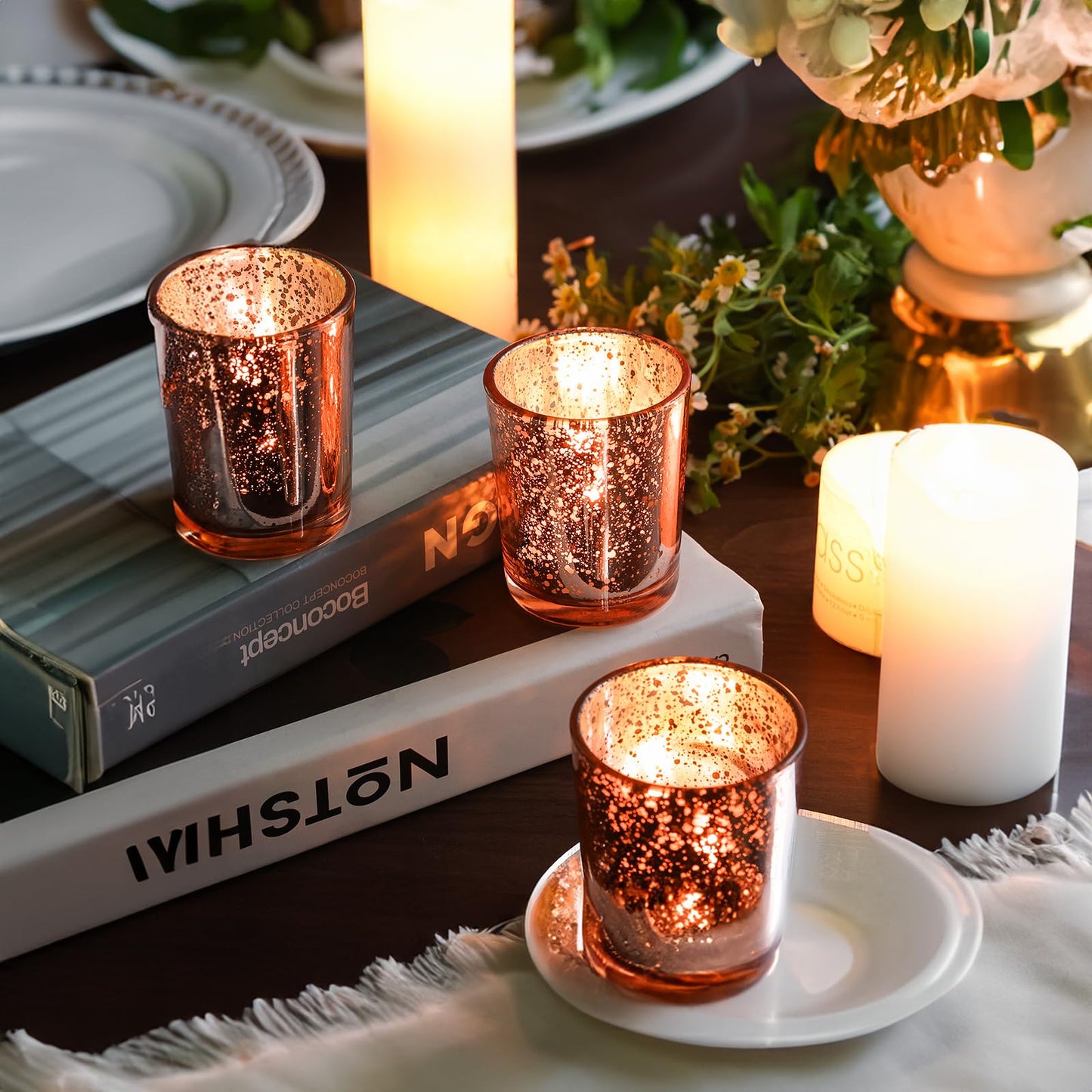 TBWIND 24 Pcs Rose Gold Votive Candle Holders, Speckled Mercury Rose Gold Glass Candle Holder Bulk for Wedding Centerpiece Table Decor, Tea Lights Candle Holder for Valentines Day Decor, Home Decor