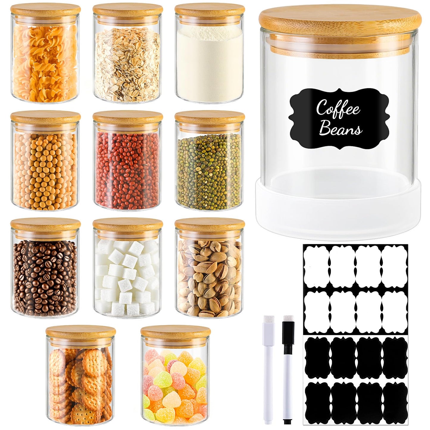 TBWIND 17oz Round Glass Storage Containers with Bamboo Lids – 12 Pack Small Airtight Clear Spice Jars for Pantry Organization, Kitchen Dry Food, Flour, Spice, Coffee Beans, Staples & Snacks