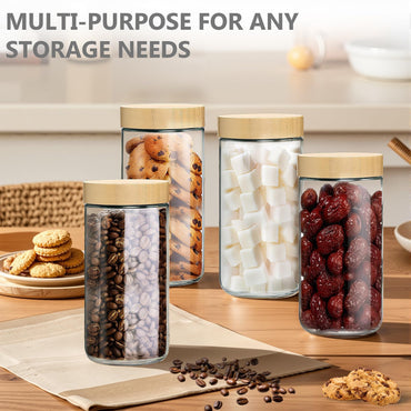 TBWIND 24oz Glass Jars with Bamboo Lids, Spoons, Airtight Overnight Oats Containers, Wide Mouth Mason Jars for Snack Storage For Food, Yogurt, Salad, Sugar and Flour, Coffee Bean, Cookie, Cereal