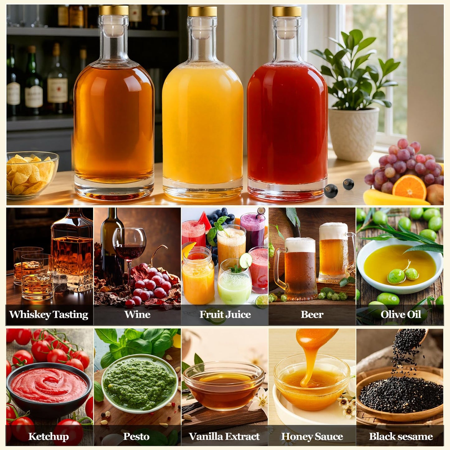 TBWIND 33 oz Clear Glass Bottles with Cork, 4 Pack Clear 1000ml Liquor Bottles, Thick Heavy Base Airtight Wine Bottles for Beverages, Liquor, Whiskey, Oil, Vinegar, Wedding Favors & Crafts