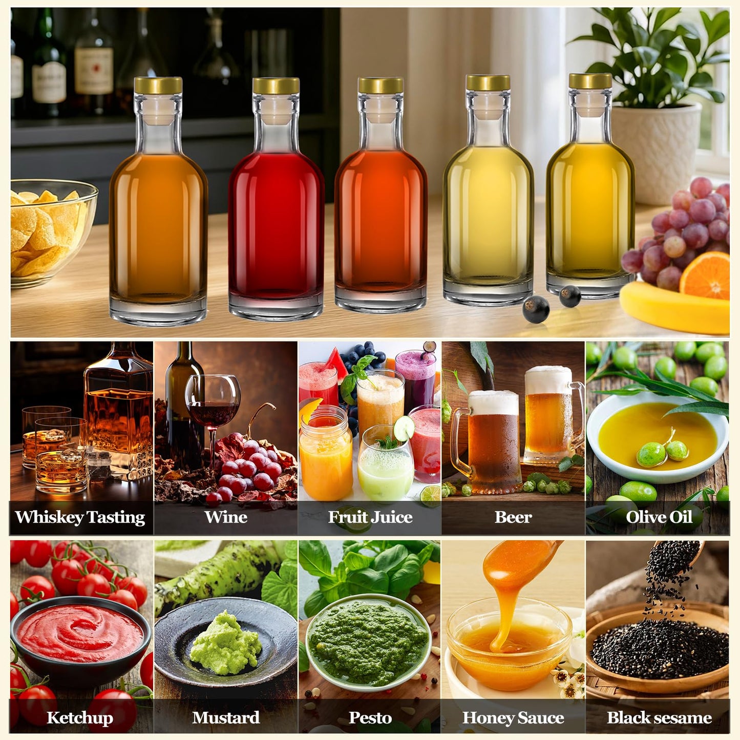 TBWIND 12 Pack 6 oz/200ml Clear Glass Bottles with T-Top Cork Stoppers, Small Liquor Bottles, Airtight Refillable Bottles for Spirits, Juice, Oil, Vinegar, Kombucha, Soda, Bear, Wine